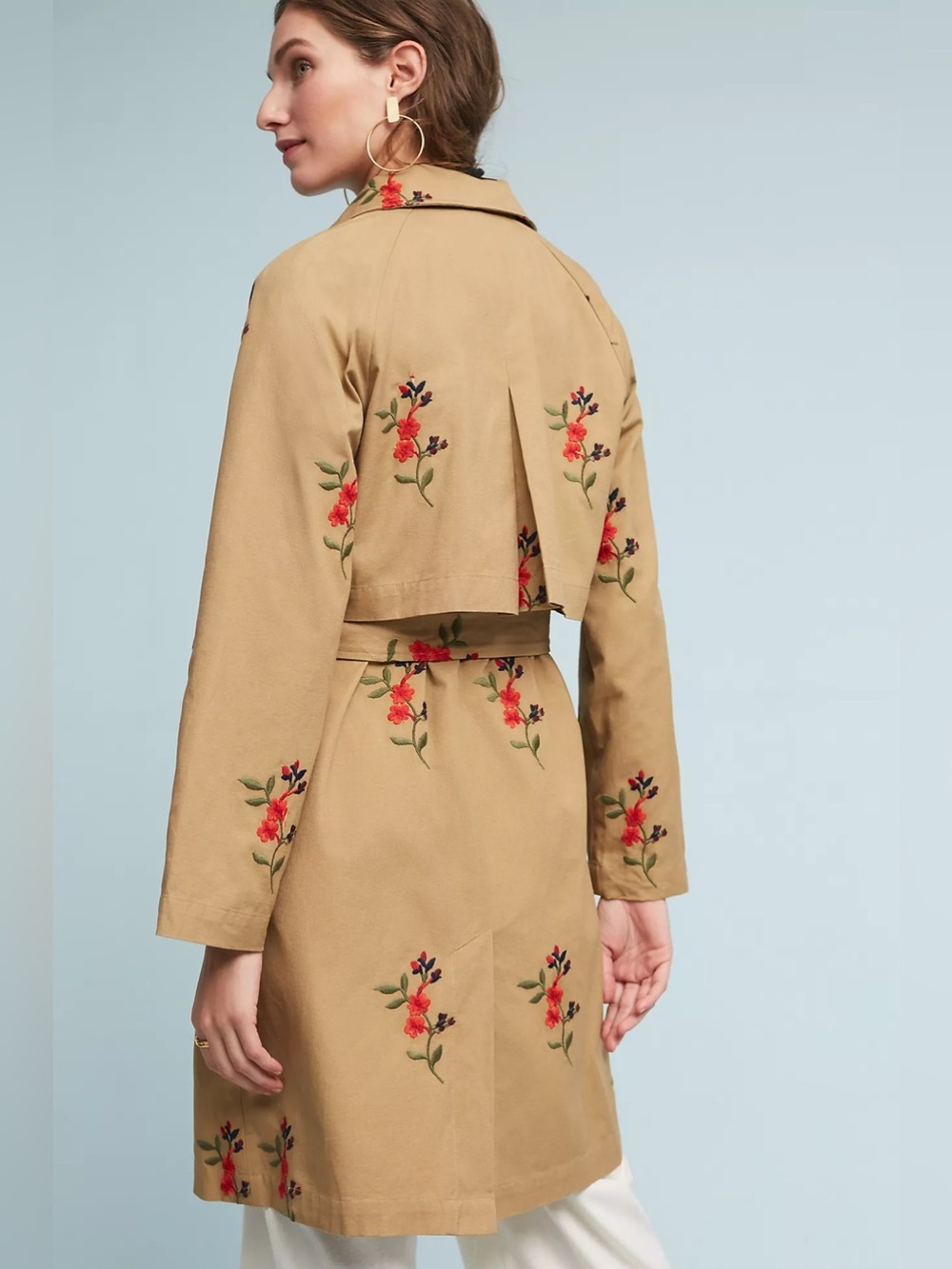 Anthropologie Cartonnier Embroidered Tan Trench Coat with Waist Tie Size L